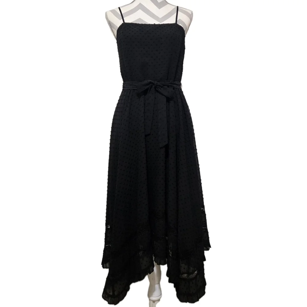 AQUA Black Midi Dress Swiss Dot Lace Inset Handkerchief Hem Tie Waist Small - Picture 15 of 15